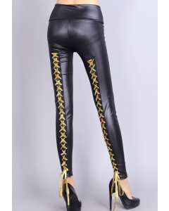 Gold Lace Up Back Stretch Leather Leggings