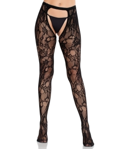 Rose Lace Crotchless Tights with Open Back - Black O/S